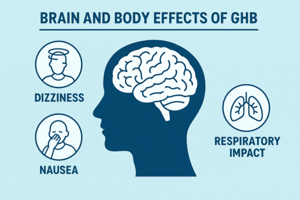 A medical infographic-style design showing “Brain and Body Effects of GHB” with icons of dizziness, nausea, and respiratory impact.